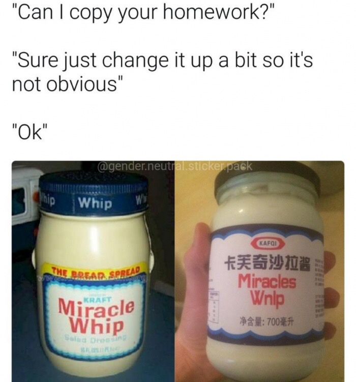 Miracle Whip and Chinese knock off memed as a way to copy homework