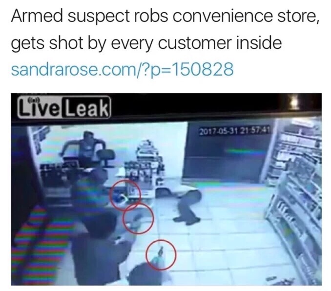 Armed suspect robs convenience store and gets shot by every customer.
