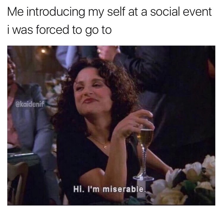memes - i m miserable meme - Me introducing my self at a social event i was forced to go to Hi, I'm miserable.