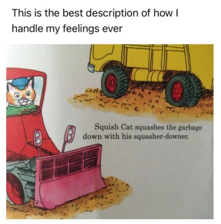 memes - squish cat squashes the garbage down with his squasher downer - This is the best description of how | handle my feelings ever Squish Cat squashes the garbage down with his squasherdowner.