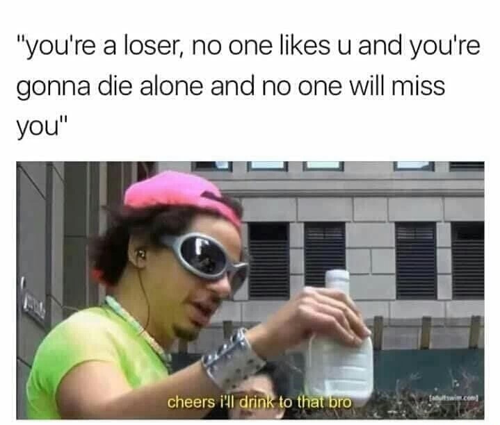 memes - get your life together meme - "You're a loser, no one u and you're gonna die alone and no one will miss you" cheers i'll drink to that bro