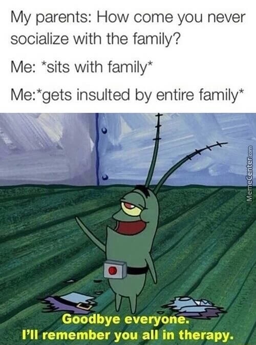 meme stream - your family insults you - My parents How come you never socialize with the family? Me sits with family Megets insulted by entire family MemeCenter.com Goodbye everyone. I'll remember you all in therapy.