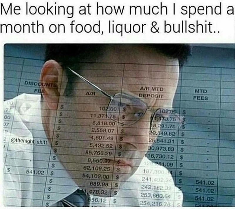meme stream - accountant movie maths - Me looking at how much I spend a month on food, liquor & bullshit.. Discounts Ar Nr Mtd Deposit Mtd Fees 00 2. shift 10200 S 11,375 $ 6,818.0D 1 s 2,558.07 S 4.691.49 5,432.52 $ 85,756.29 $ 8,550,97 18 62.109.25 S 54