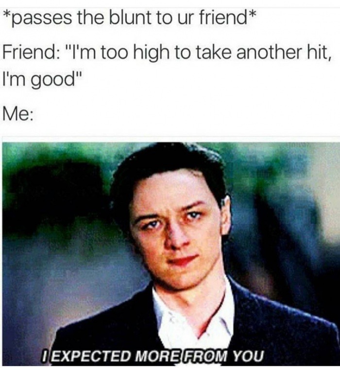 dankest memes - passes the blunt to ur friend Friend "I'm too high to take another hit, I'm good" Me I Expected More From You