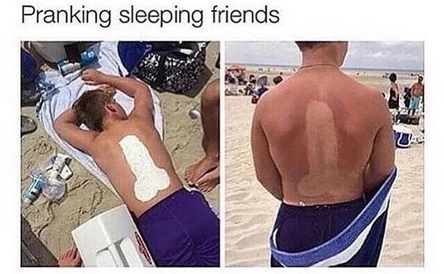 Prank meme of a dude who fell asleep in the sun with suntan lotion of a penis on his back.