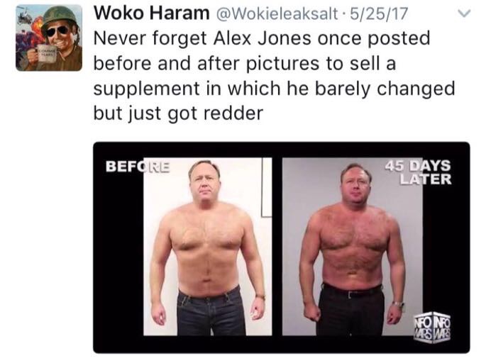 Alex Jones trying to sell a supplement in which he changed colors in only 7 weeks.