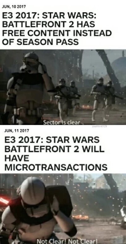 All Clear NOT CLEAR meme of microtransactions in Battlefront 2