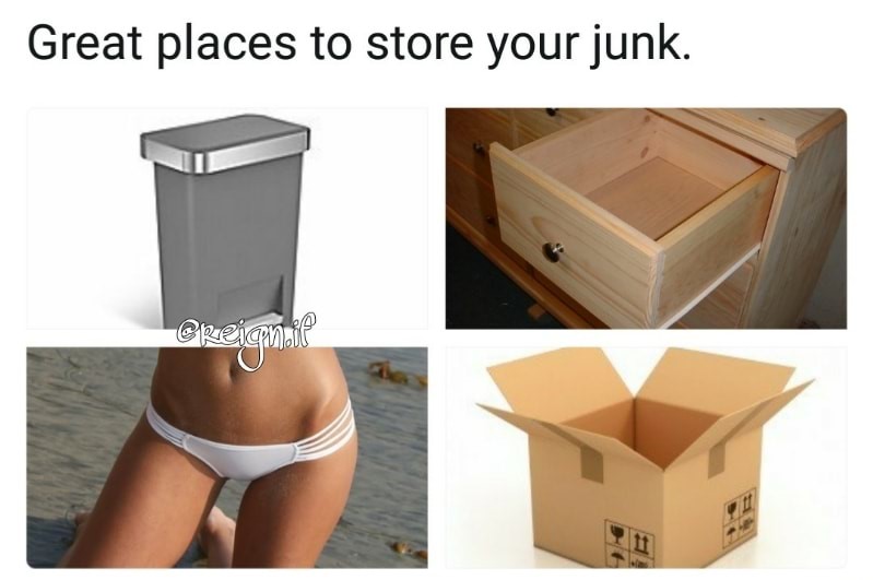 Meme about great places to store you junk and one of them is a pair of underpants.