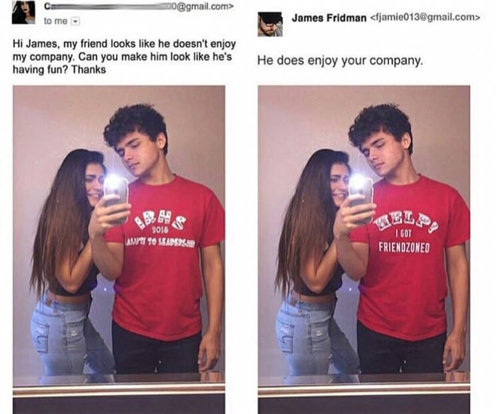 Girl complains her friend doesn't look happy, asks photoshop help, someone basically declares him stuck in the friendzone on his shirt to fix it.