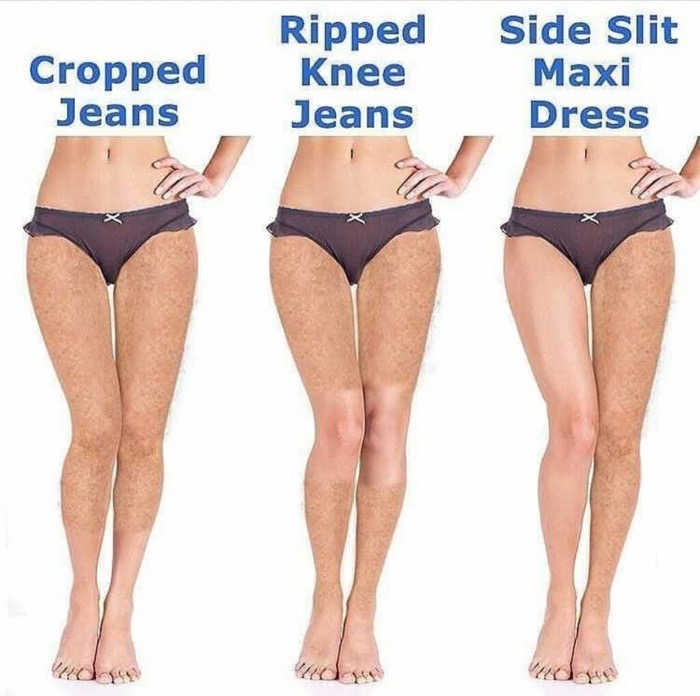 Meme making fun that girls only shave the amount they need to for the outfit.
