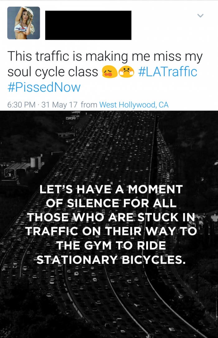 Tweet from a girl that is stuck in traffic on the way to her spinning class, and a meme requesting a moment of silence about it.