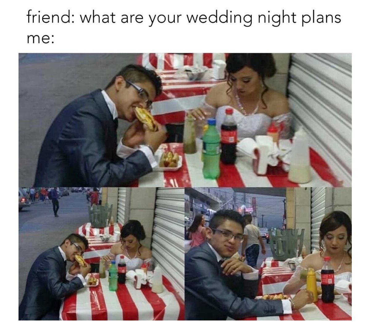 Wedding couple in full marriage outfits eating at a fast food restaurant.