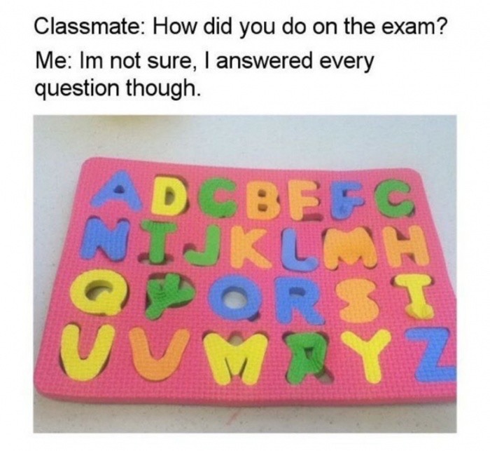 Pic of ABCs all in the wrong places with comment about answering all the questions on a test as a measure of how well you did.