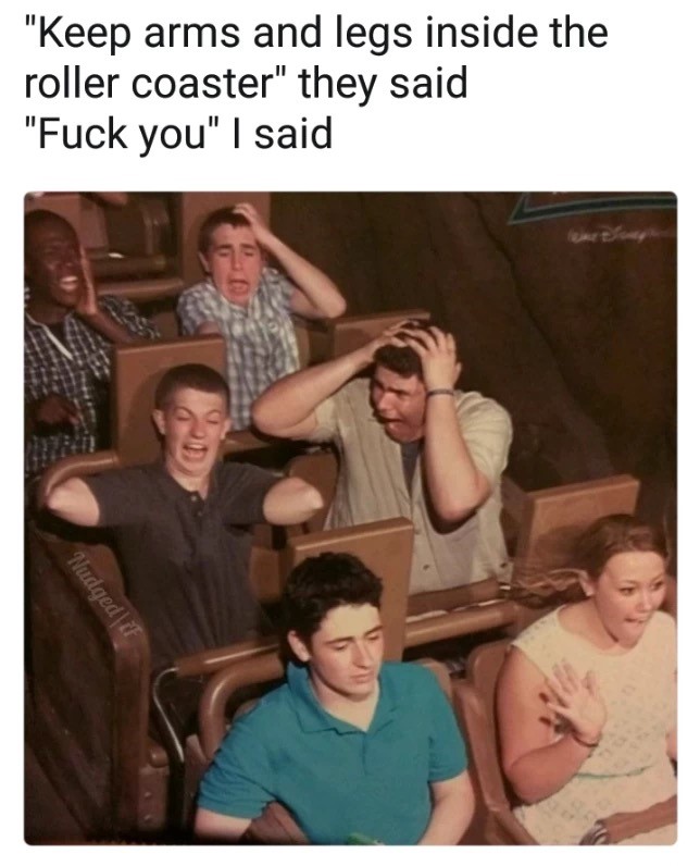 meme - keep arms and legs inside - "Keep arms and legs inside the roller coaster" they said "Fuck you" I said Nudged If