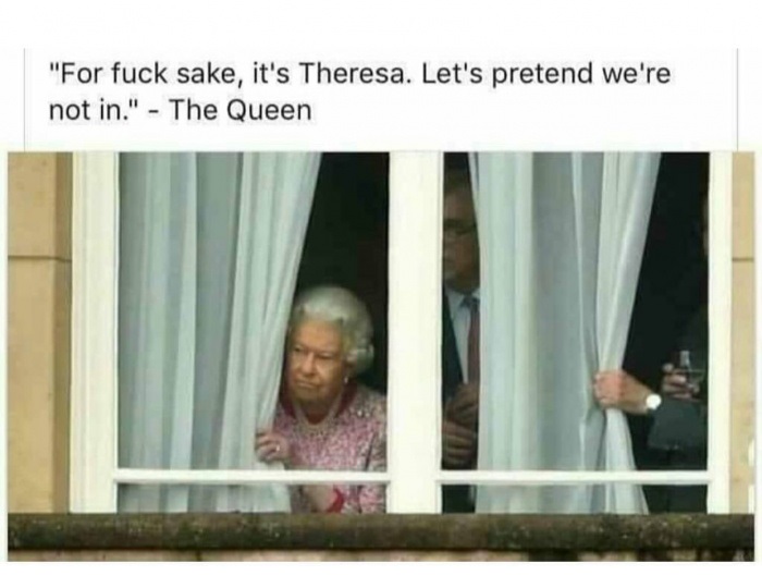 meme - checking if the guests have left - "For fuck sake, it's Theresa. Let's pretend we're not in." The Queen