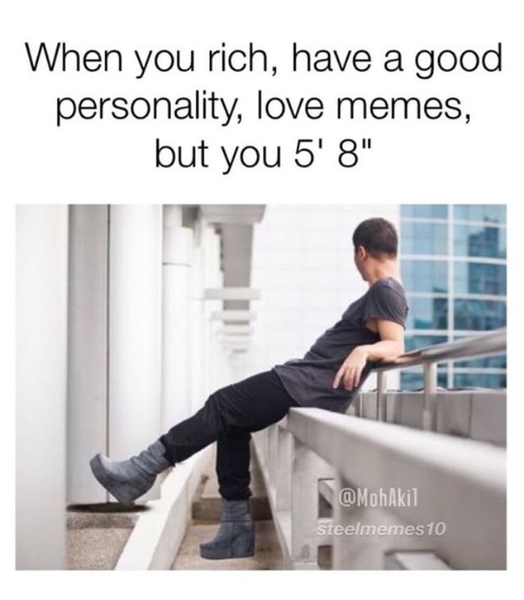 meme - shoulder - When you rich, have a good personality, love memes, but you 5' 8" steelmemes 10