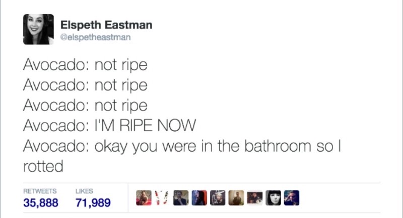 meme stream - web page - Elspeth Eastman Celspetheastman Avocado not ripe Avocado not ripe Avocado not ripe Avocado I'M Ripe Now Avocado okay you were in the bathroom so | rotted 35,888 71,989 Boueron