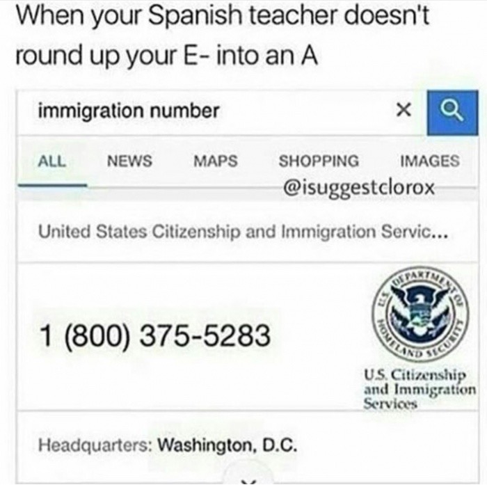 meme stream - department of homeland security - When your Spanish teacher doesn't round up your E into an A immigration number Xq All News Maps Shopping Images United States Citizenship and Immigration Servic... 1 800 3755283 Vds Us Citizenship and Immigr