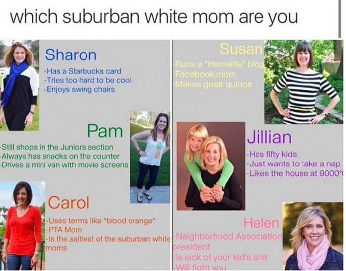 meme stream - tag yourself suburban white mom - which suburban white mom are you Sharon Has a Starbucks card Tries too hard to be cool Enjoys swing chairs Susan Runs a "Homelife" blog Facebook mom Makes great quinoa Pam Jillian Still shops in the Juniors 