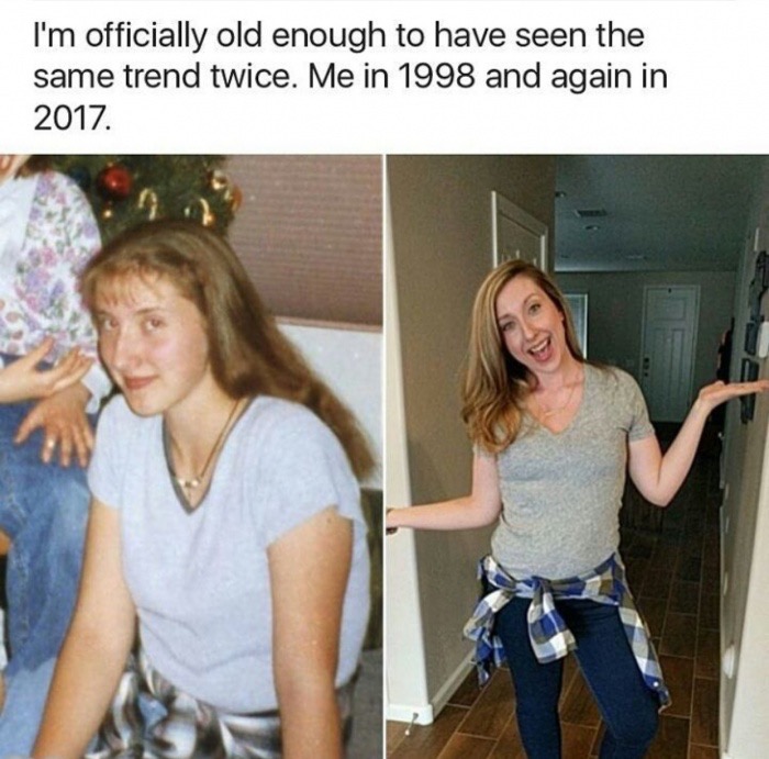 Picture of girl in 2017 and 1998 in which she is wearing the same trend twice.