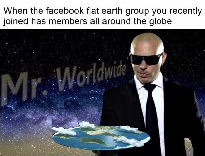 Meme of Pitbull as Mr. Worldwide and holding an earth platter and captioned about how it feels when facebook flat earth group has members all around the globe.