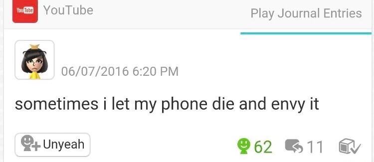 Text about someone who lets their phone die sometimes and is jealous of it.