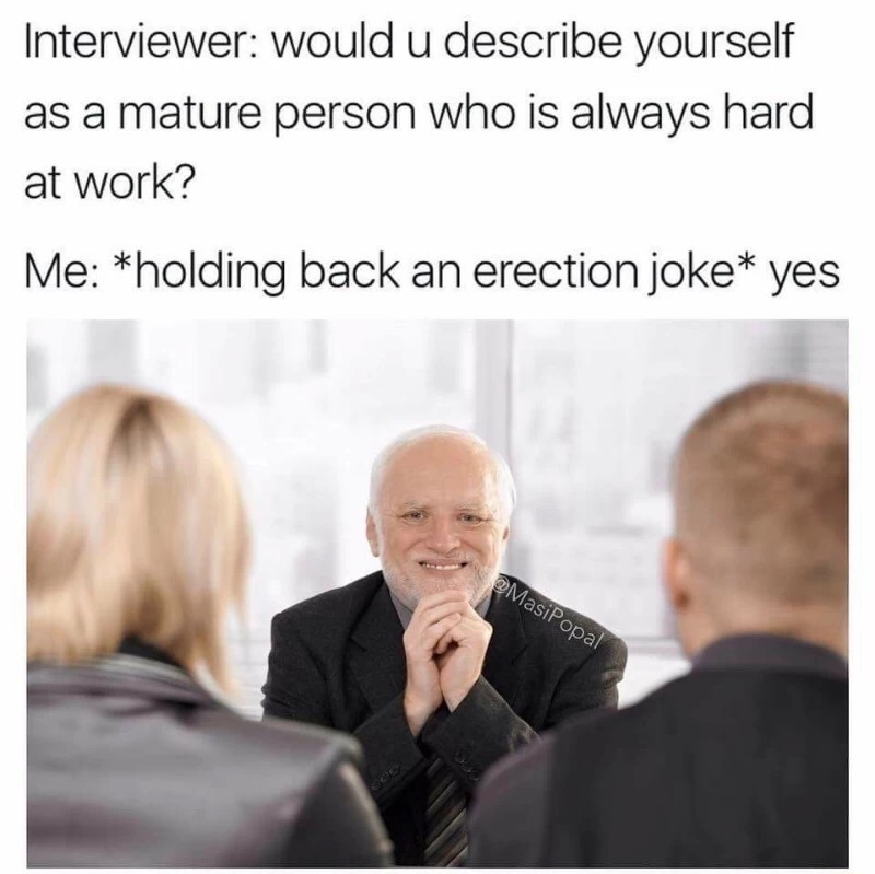 interview meme - Interviewer would u describe yourself as a mature person who is always hard at work? Me holding back an erection joke yes