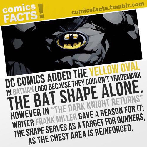 comicbook facts - comics comicsfacts.tumblr.com Facts Dc Comics Added The Yellow Oval In Batman Logo Because They Couldn'T Trademark The Bat Shape Alone. However In The Dark Knight Returns" Writer Frank Miller Gave A Reason For It The Shape Serves As A Ta