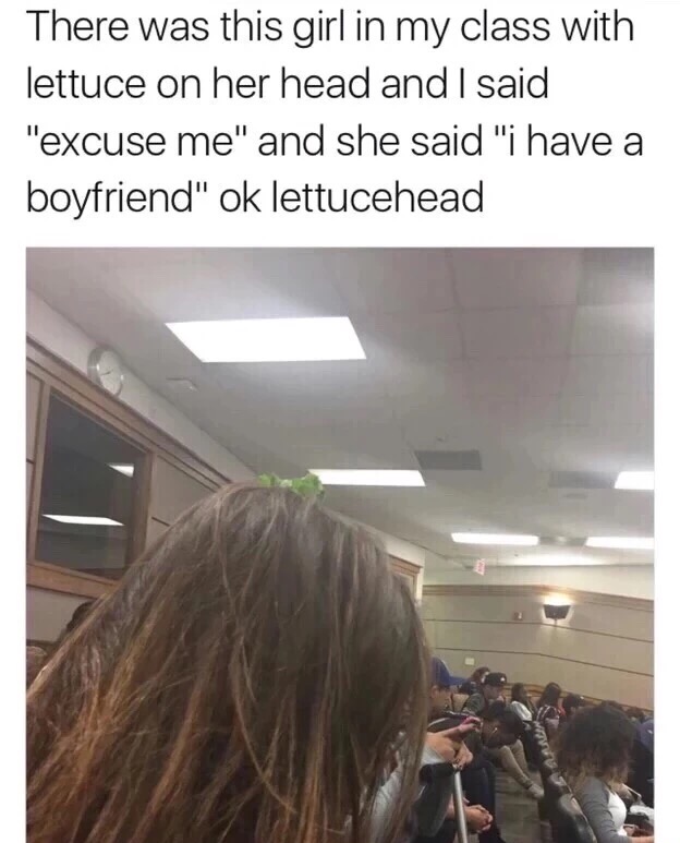 lettuce head meme - There was this girl in my class with lettuce on her head and I said "excuse me" and she said "i have a boyfriend" ok lettucehead