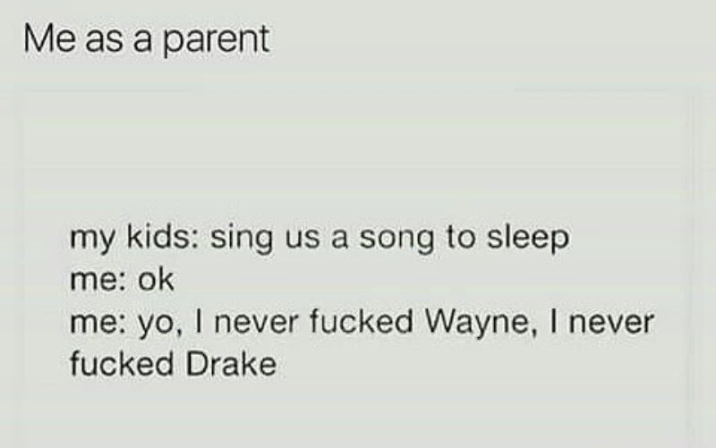 document - Me as a parent my kids sing us a song to sleep me ok me yo, I never fucked Wayne, I never fucked Drake
