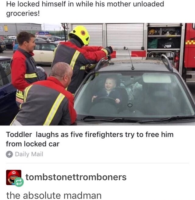 Toddler that locked himself in the car laughing as firefighters work to get him out.