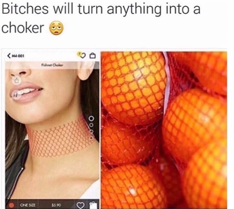 meme about how girls will make a choker out of anything and a girl wearing a mesh choker and a similar looking mesh used to hold oranges for sale.