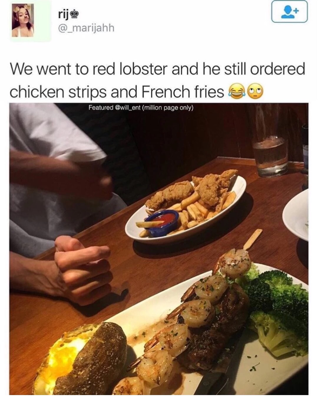 red lobster chicken strips meme - We went to red lobster and he still ordered chicken strips and French fries @ 09 Featured million page only