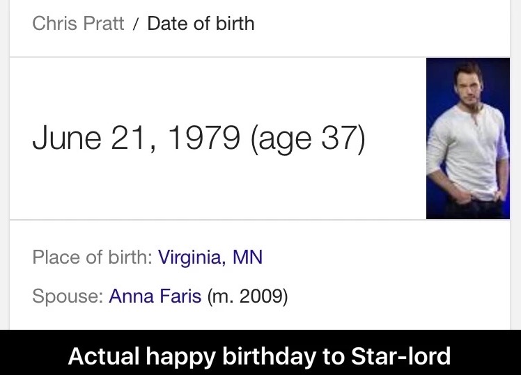 presentation - Chris Pratt Date of birth age 37 Place of birth Virginia, Mn Spouse Anna Faris m. 2009 Actual happy birthday to Starlord