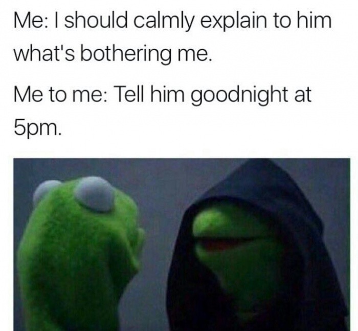 evil kermit meme - Me I should calmly explain to him what's bothering me. Me to me Tell him goodnight at 5pm.