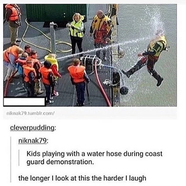 Very funny meme of kids playing with the water hose in coast guard demonstration with one of the firemen flying off the boat from the water power.