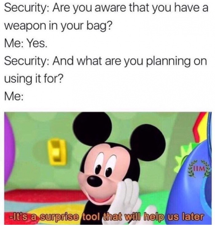 memes - it's a surprise tool that will help us later meme - Security Are you aware that you have a weapon in your bag? Me Yes. Security And what are you planning on using it for? Me It's a surprise tool that will help us later