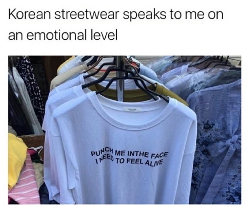 meme stream - funny korean streetwear - Korean streetwear speaks to me on an emotional level Punch Inch Me Inthe Face I Need To Feel Alive