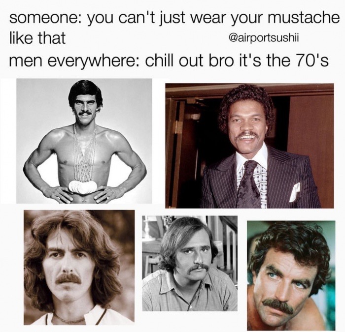 meme stream - facial expression - someone you can't just wear your mustache that men everywhere chill out bro it's the 70's
