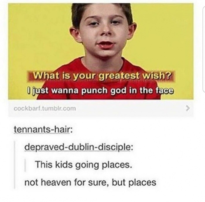 meme - wanna punch god in the face - What is your greatest wish? O just wanna punch god in the face cockbarf.tumblr.com tennantshair depraveddublindisciple This kids going places. not heaven for sure, but places