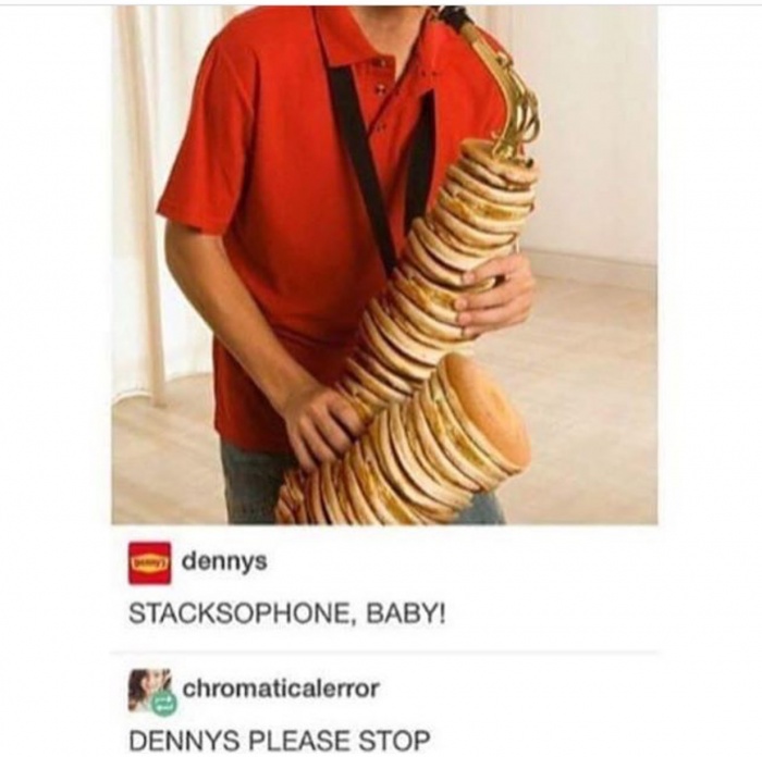 Denny's photoshopping a Stacksophone, saxophone made out of pancakes.