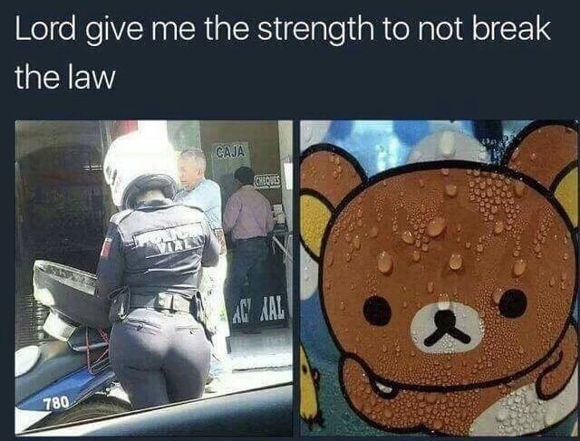 Very hot looking police woman and a small prayer to not break the law, with a sweaty pedobear