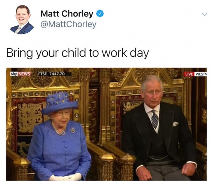 Matt Chorley tweet about how Prince Charles looks like a kid next to the queen
