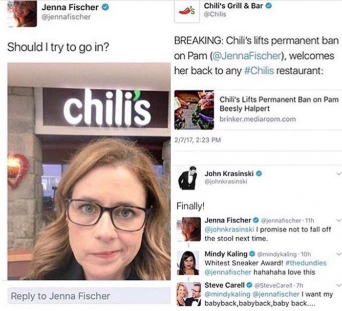 Jenna Fisher at Chilli's wondering if her ban is still in effect, and they let her know it is not.