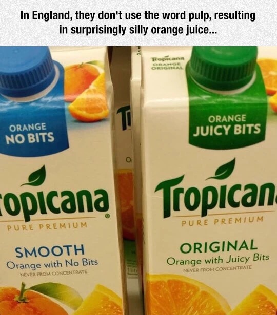 meme stream - natural foods - In England, they don't use the word pulp, resulting in surprisingly silly orange juice... Hogan Original Orange No Bits Orange Juicy Bits copicana Tropican. Pure Premium Pure Premium Smooth Orange with No Bits Original Orange