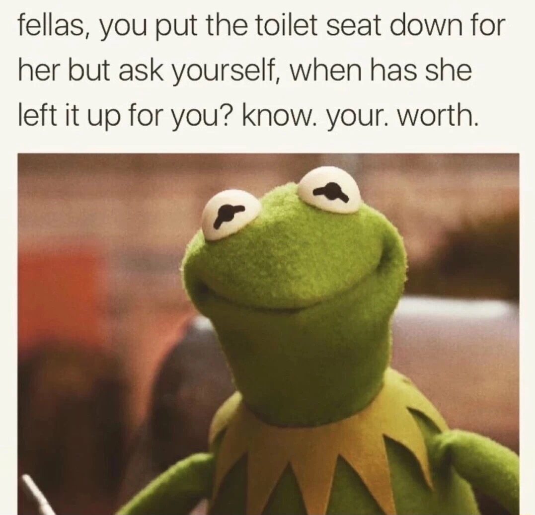 memes - know your worth funny meme - fellas, you put the toilet seat down for her but ask yourself, when has she left it up for you? know. your worth.