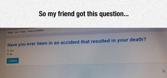 memes - software - So my friend got this question... Have you ever been in an accident that resulted in your death? Yes No