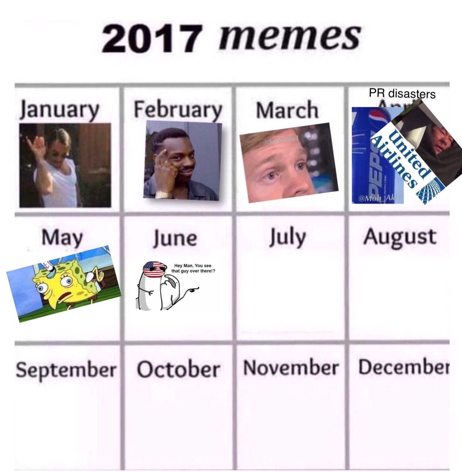 meme stream - 2017 meme calendar july - 2017 memes Pr disasters January February March Airlines United Ak May June July | August Hey Man, You see that guy over there!? September October November December