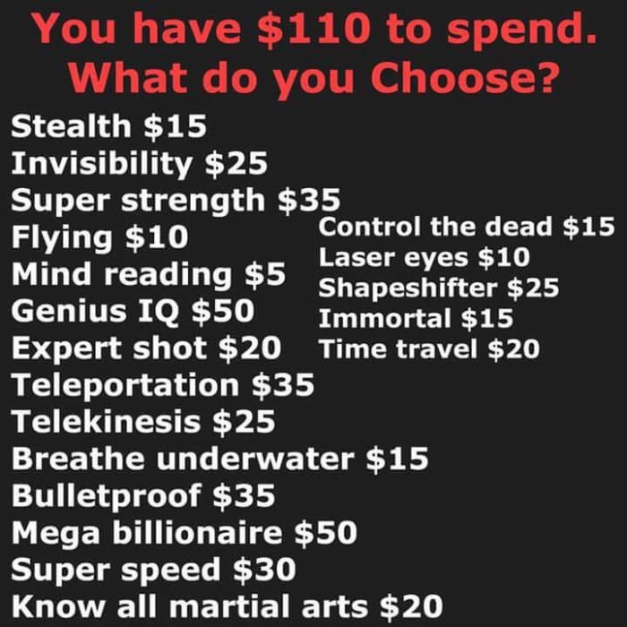 meme stream - point - You have $110 to spend. What do you Choose? Stealth $15 Invisibility $25 Super strength $35 Flying $10 Control the dead $15 Laser eyes $10 Mind reading $5 Sh na reading p Shapeshifter $25 Genius Iq $50 Immortal $15 Expert shot $20 Ti