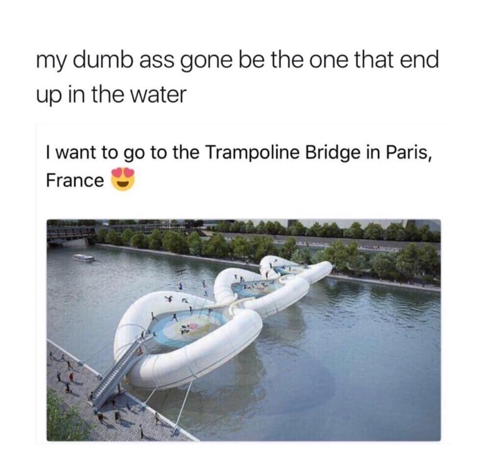 meme stream - architecture bridges - my dumb ass gone be the one that end up in the water I want to go to the Trampoline Bridge in Paris, France